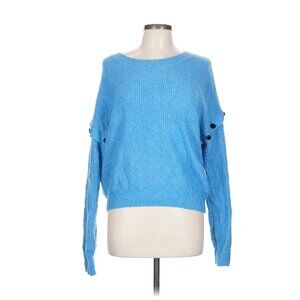 DKNY Jeans Blue Knit Pullover Sweater with Sleeve Button Detail